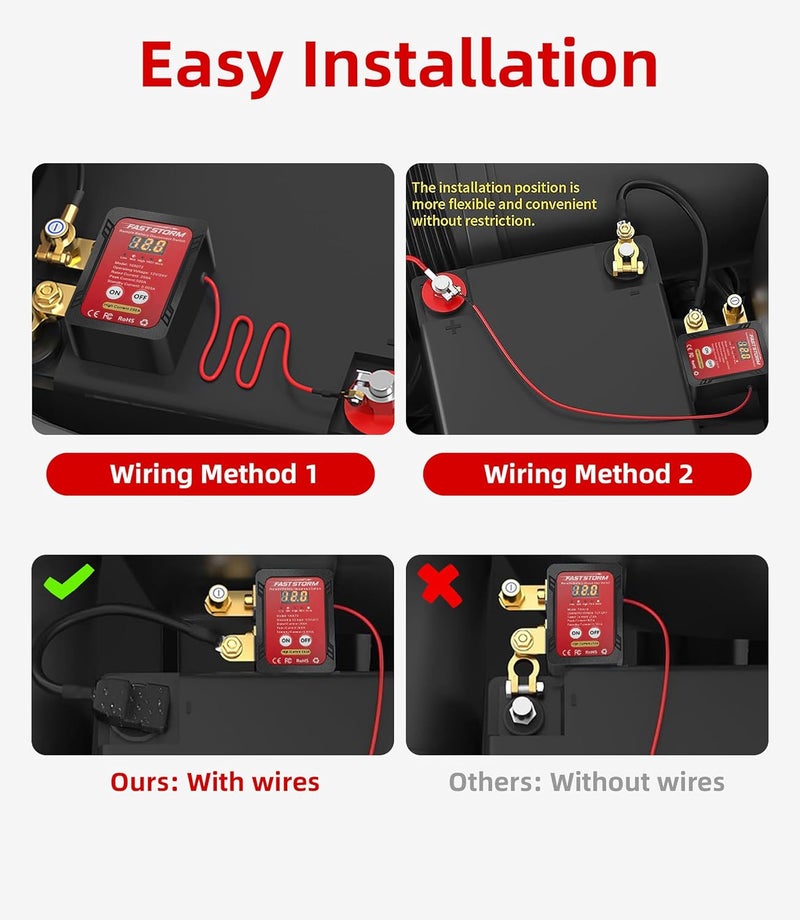 FASTSTORM 250A 12-24V Remote Battery Disconnect Switch with Extra Negative Battery Cable Led Voltage Display Car Anti Theft Kill Switch Automatic Battery Shut Off Switch - Image 2
